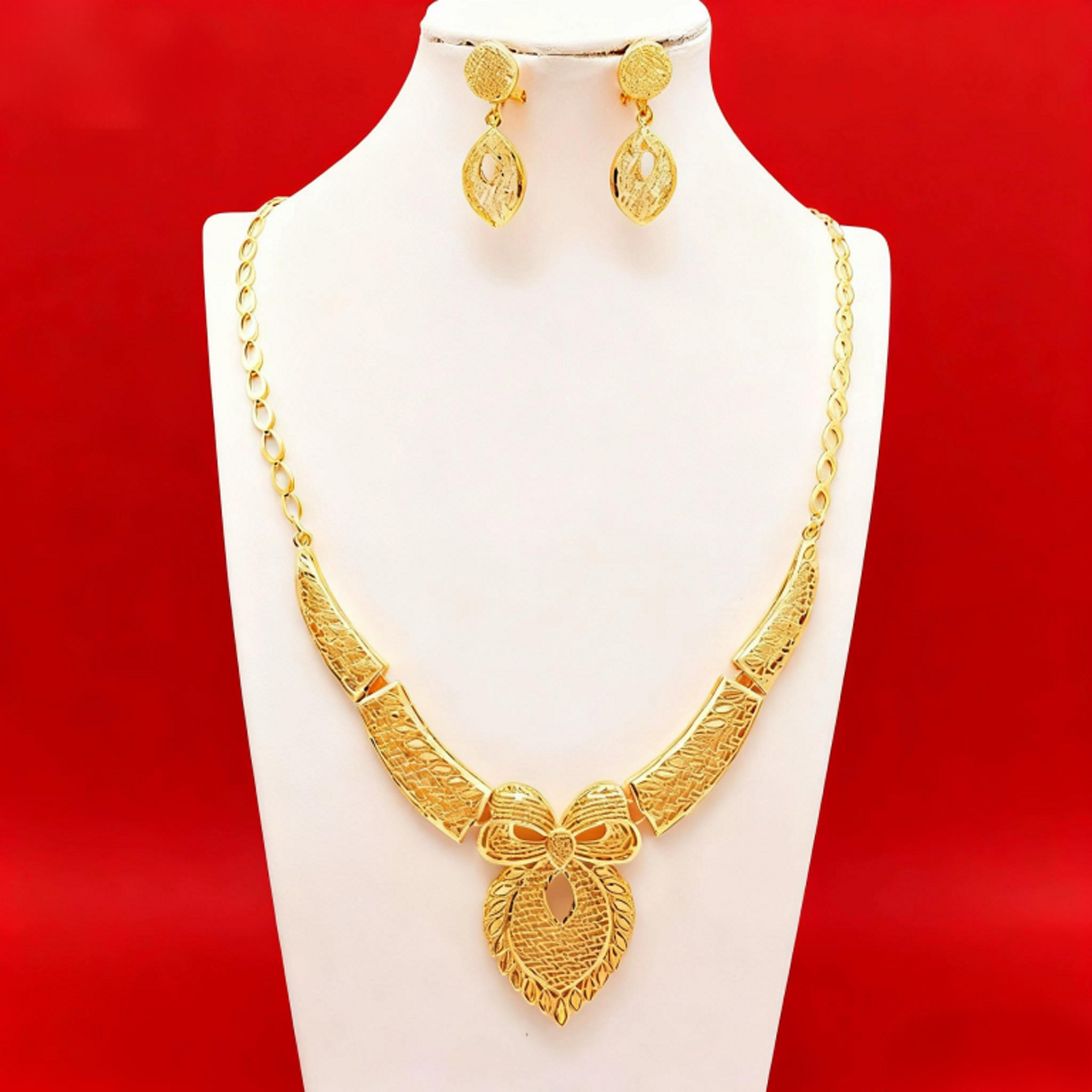 迪拜婚庆结婚首饰套装名族风黄铜镀金仿黄金项链耳环两件套配饰品