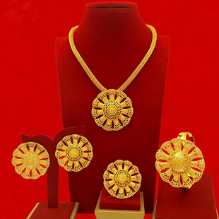 迪拜印度沙金首饰花朵项链手链耳环戒指手镯四件套结婚Jewelr耳饰