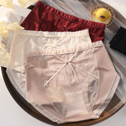 丝滑绸缎大码内裤女200斤胖MM中高腰性感蕾丝纯欲镂空7A抗菌裆