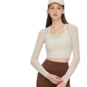 网纱假两件瑜伽长袖 带胸垫瑜伽服女运动上衣跑步普拉提训练健身服