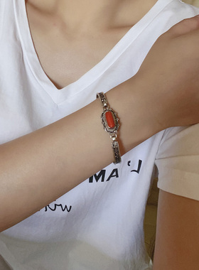尼泊尔手工饰品复古民族风纯银手镯女士红宝石手链开口简单百搭