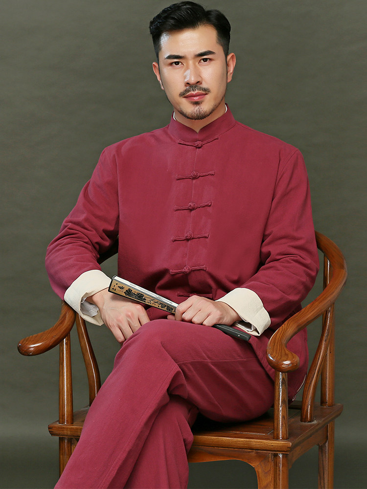 TANG MENS COTTON AND LINEN LONG-SLEEVED THREE-PIECE CHINESE STYLE MENS AUTUMN AND WINTER COAT ZEN RESTORATION ANCIENT MONK CLOTHES