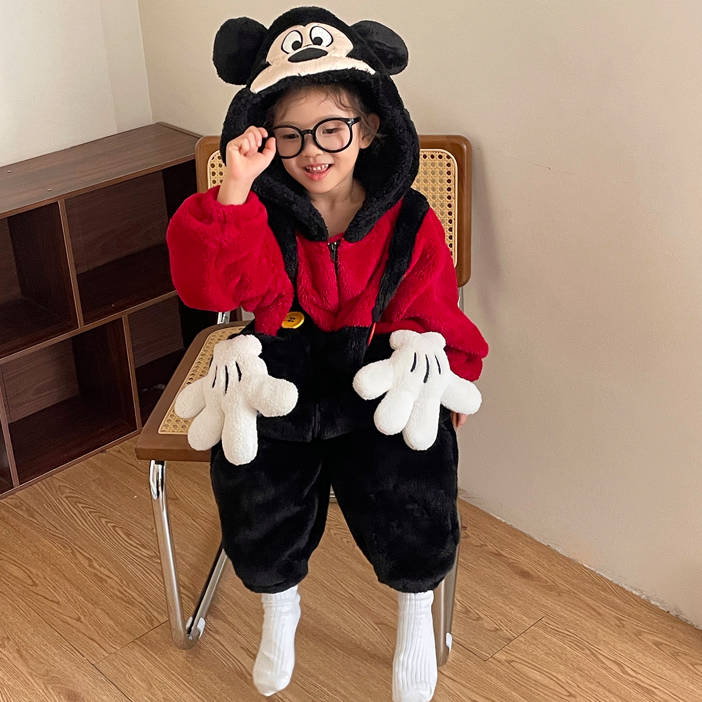 儿童睡衣冬季加绒加厚珊瑚绒连体卡通米奇宝宝小孩女童家居服套装