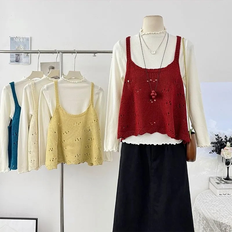 新款甜美叠穿针织吊带背心女春秋季减龄百搭宽松花边显瘦上衣