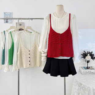 韩系春夏季新款镂空针织背心女外穿叠穿扣子开衫吊带百搭短款上衣