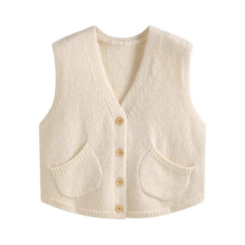 宽松无袖针织马甲开衫口袋背心百搭新款外穿外套短款上衣毛衣女装