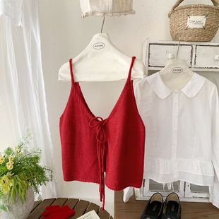 韩系V领绑带针织吊带开衫马甲女秋季叠穿甜美两面穿背心马甲外搭