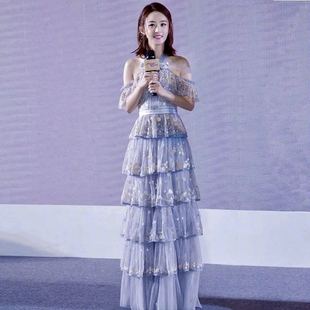 2019赵丽颖明星同款碎花刺绣连衣裙女挂脖露肩蕾丝蛋糕裙礼服裙