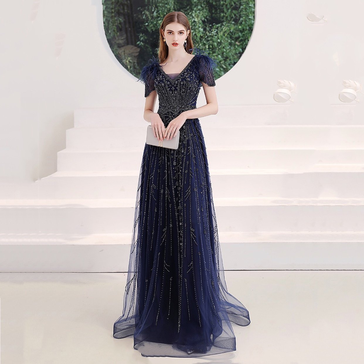 特价2023新款高端羽毛宴会年会主持晚装敬酒服演出喜婆婆妈妈礼服