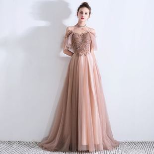 伴娘晚会礼服吊带长款2019新款主持很仙的晚礼服女一字肩修身显瘦