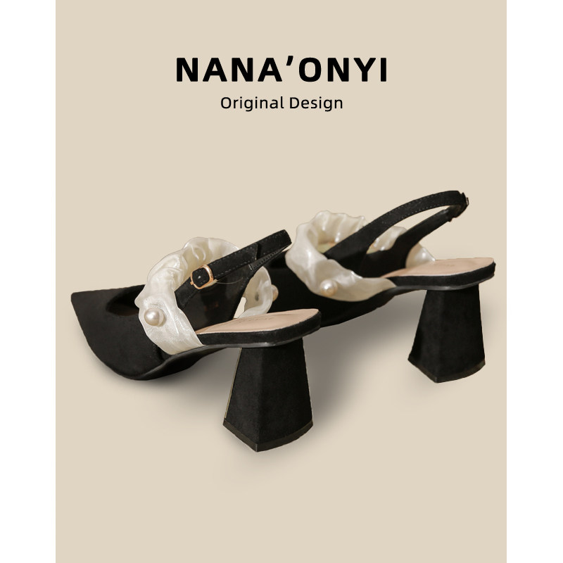 黑色高跟鞋女2026年新款夏季外穿浅口法式尖头高级感粗跟包头凉鞋