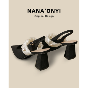 黑色高跟鞋女2025年新款夏季外穿浅口法式尖头高级感粗跟包头凉鞋