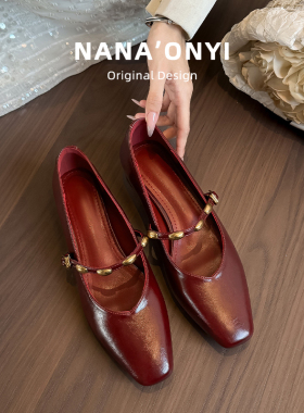 真皮~红色玛丽珍鞋女2026新款方头一字带百搭浅口粗跟不累脚单鞋