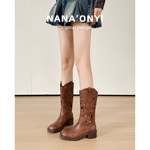 羊皮款~真皮刺绣棕色复古西部牛仔靴镂空夏季骑士靴中筒靴马丁靴