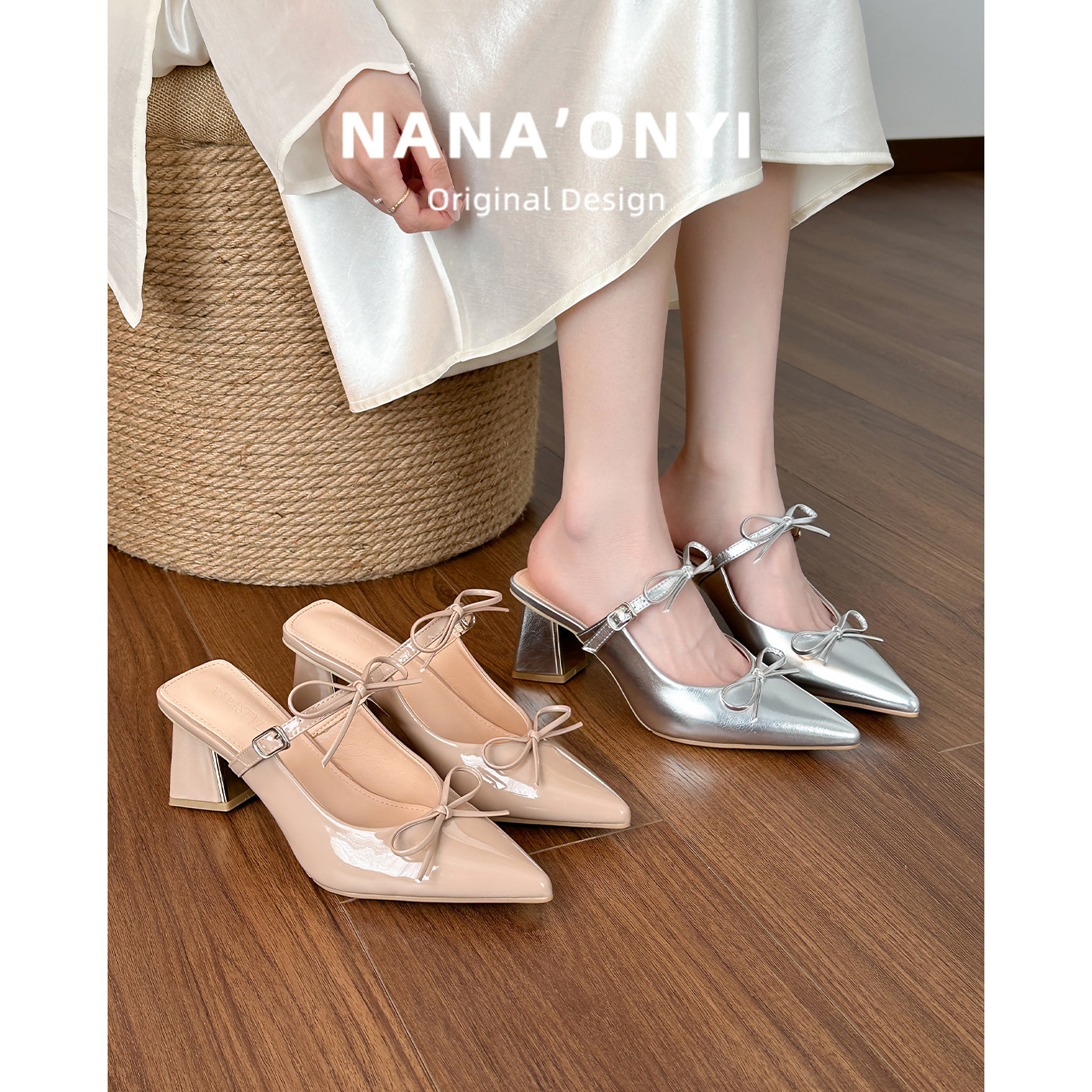 法式尖头蝴蝶结包头半拖鞋女夏外穿穆勒凉拖粗跟高跟鞋玛丽珍女鞋