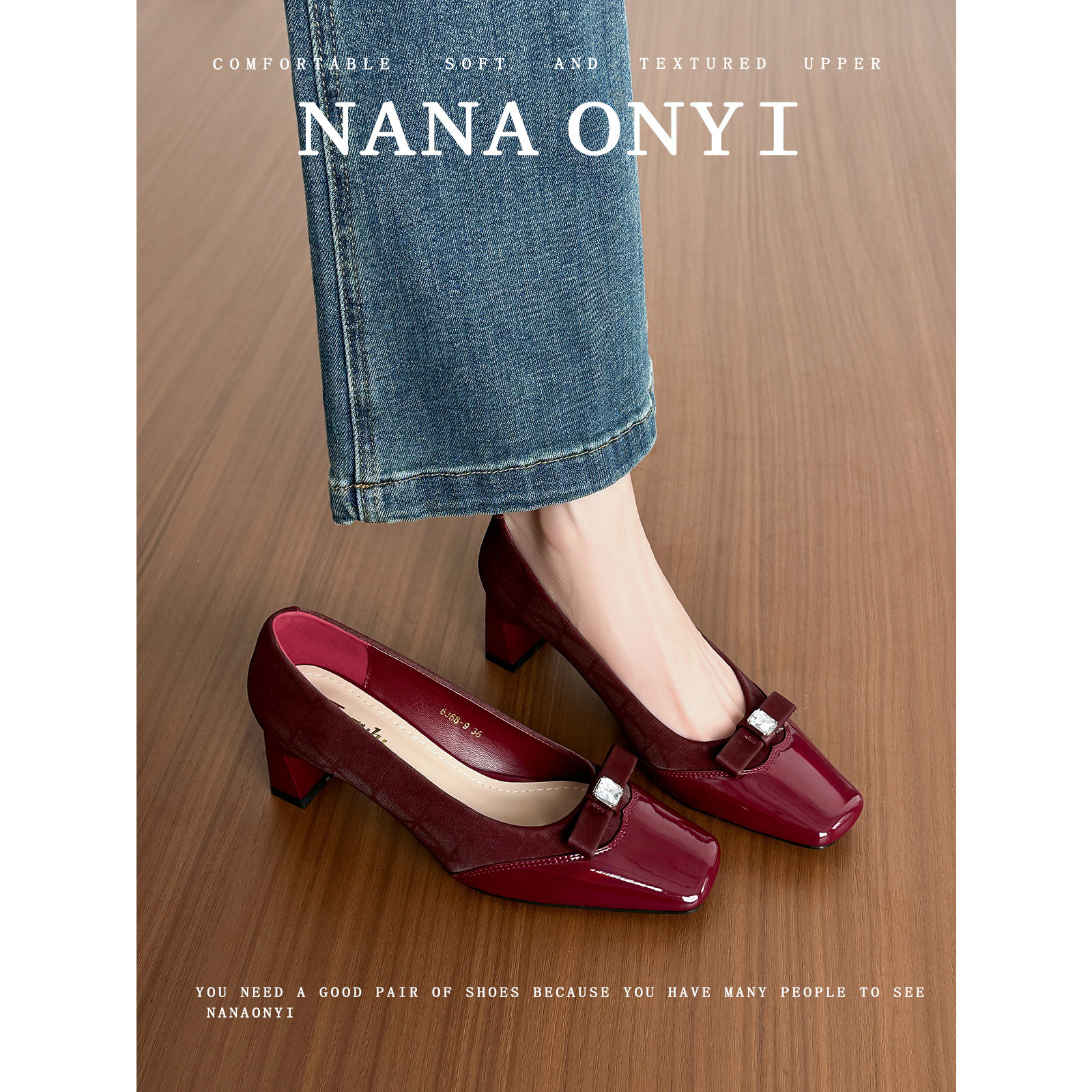 辣辣」羊皮版~红色高跟鞋女粗跟2026新款蝴蝶结法式不累脚单鞋女