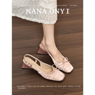 女夏粗跟高跟鞋 辣辣」羊皮版 高级感包头凉鞋 蝴蝶结法式 2026新款