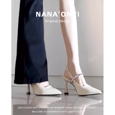 米白色凉鞋高跟鞋女小众高级感法式细跟夏季包头水钻单鞋2025新款