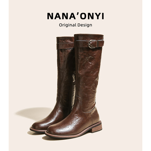 真皮~褶皱长筒靴女秋冬不过膝厚底显瘦高筒骑士靴美拉德棕色长靴