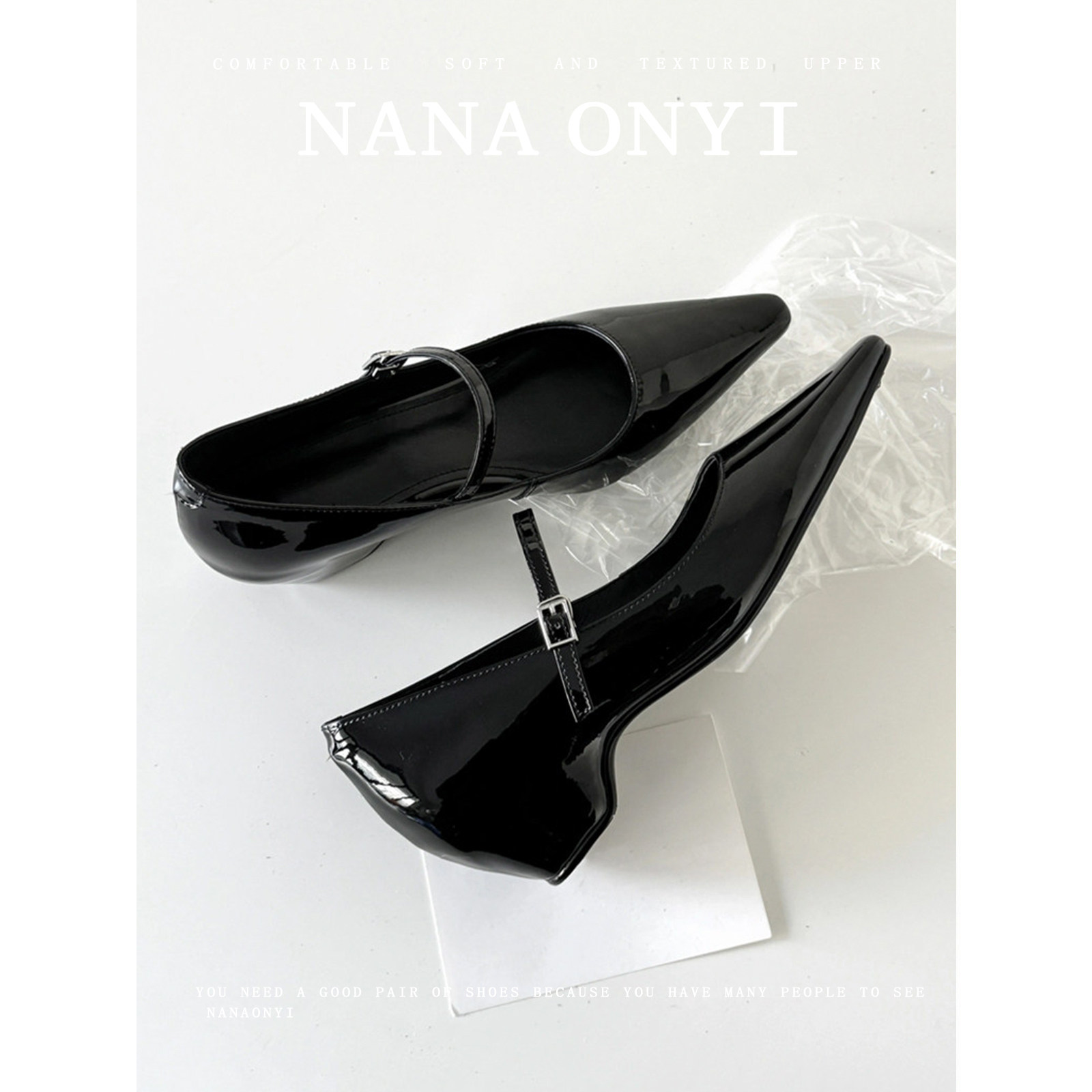 羊皮版~法式气质粗跟玛丽珍女鞋尖头内增黑色单鞋浅口通勤高跟鞋