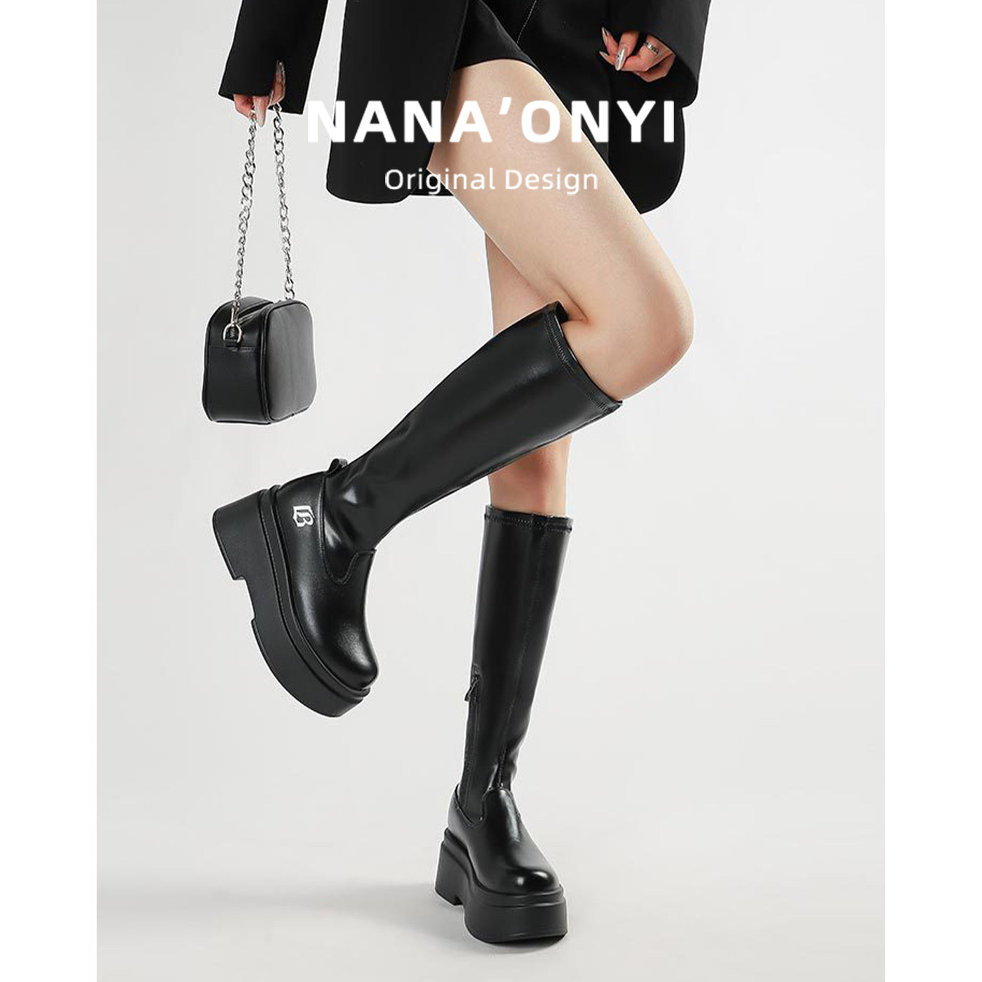 牛皮版~复古高跟西部牛仔黑色靴女2025新款秋冬厚底增高宽大筒围