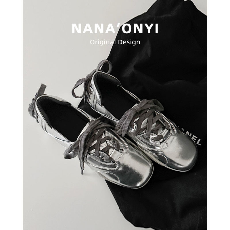 羊皮版~小众设计时尚百搭运动芭蕾舞鞋女平底真皮复古银色休闲鞋