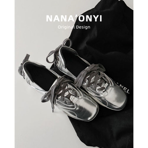 羊皮版~小众设计时尚百搭运动芭蕾舞鞋女平底真皮复古银色休闲鞋