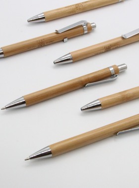 竹子笔竹木笔按动笔金属配件挂钩1.0 mm蓝色 黑色笔芯跨境现货