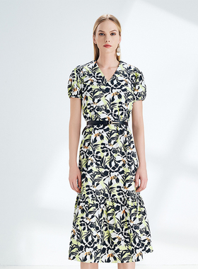 【商场同款】雾道夏新款X型V领排褶碎花连衣裙