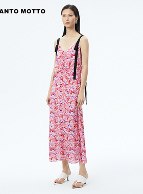 雾道女装【100%桑蚕丝】夏季商场同款撞色飘带印花连衣裙