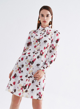 canto motto雾道 商场同款秋季新款优雅印花修身衬衫式连衣裙