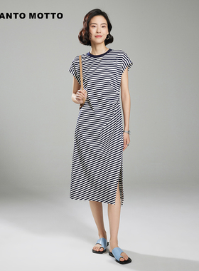 雾道【条纹T恤裙】夏季腰侧不规则车褶开叉直筒连衣裙