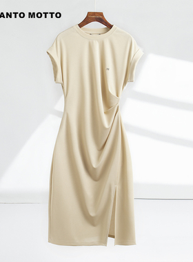 cantomotto【T恤裙】夏季连肩卷边短袖不对称抽褶设计连衣裙