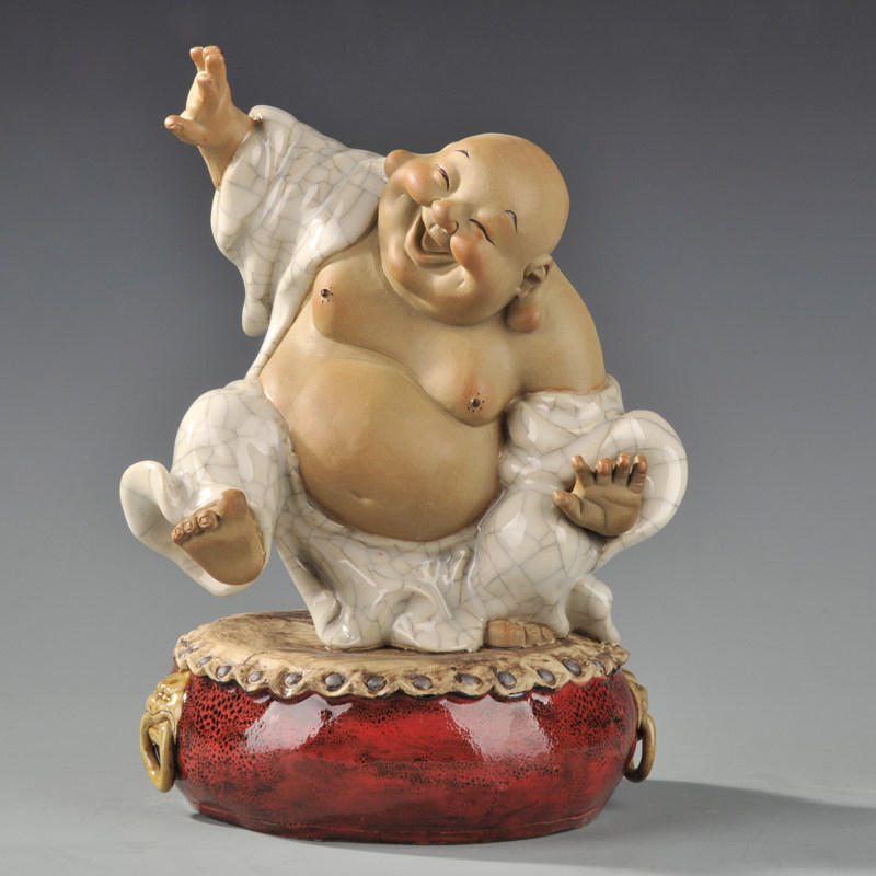 石湾公仔陶瓷弥勒佛像摆件家居饰品开业礼品新房玄关摆设欢欣鼓舞