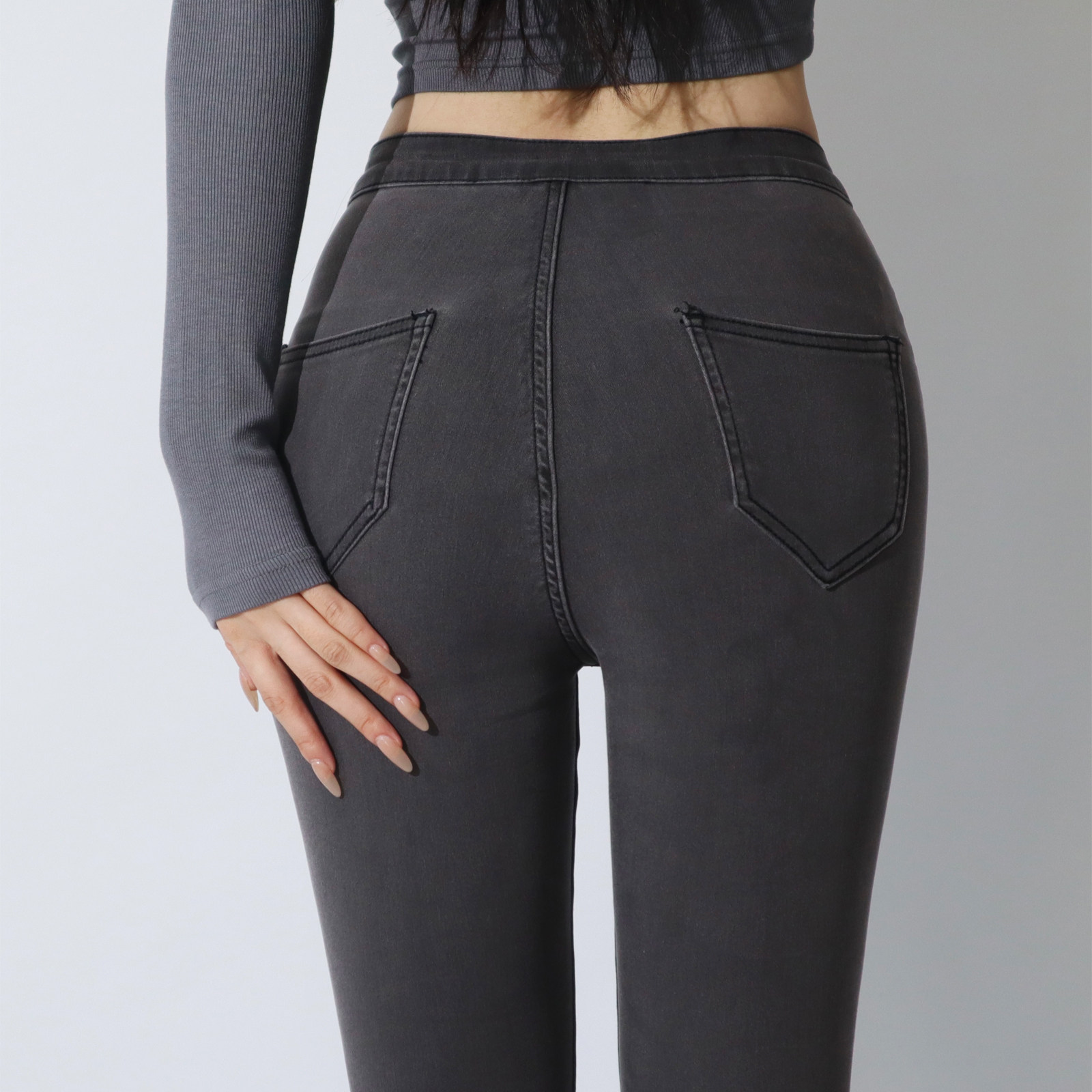 AMERICAN BLACK RETRO ONE BUCKLE HIGH WAIST STRETCH JEANS WOMENS HIGH STRETCH BAG HIP TIGHT-FITTING THIN FEET PANTS TROUSERS