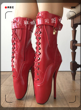 性感女王欧美红色漆皮PU女王芭蕾带装饰锁芭蕾短靴女 BLD003b