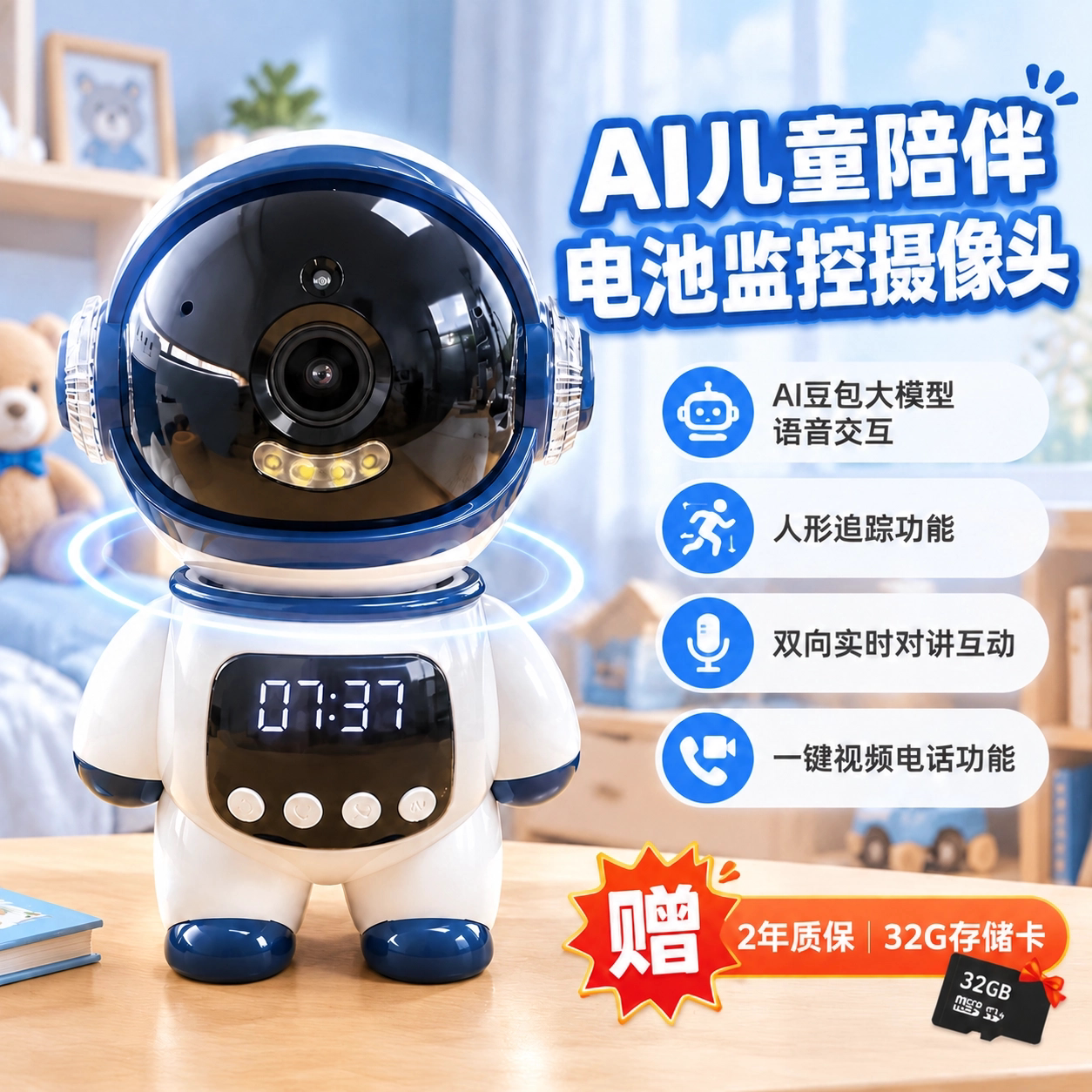 智能AI儿童陪伴监控摄像头电池款一键呼叫手机远程双向语音对话
