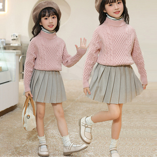 女童毛衣套装 儿童时髦秋冬加厚毛呢百褶裙两件套 半身裙2025款
