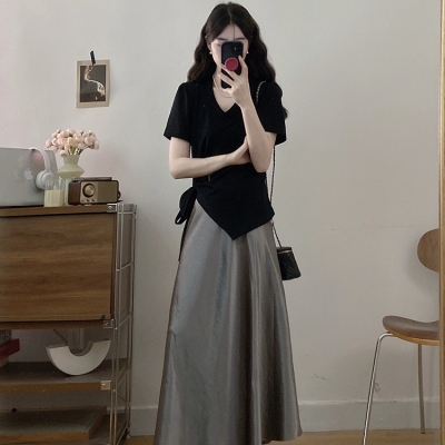 大码法式连衣裙女夏季缎面半身裙连衣裙子胖MM遮肚子显瘦套装