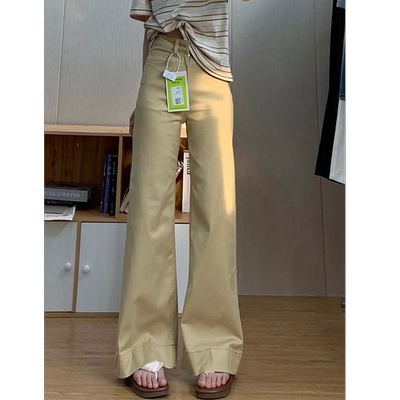 卡其色美式复古不贴腿喇叭牛仔裤女高腰显瘦阔腿裤弹力拖地长裤子