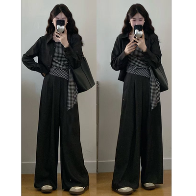 2025秋新款牛仔长袖外套阔腿裤大码女装穿搭一整套高级感三件套女