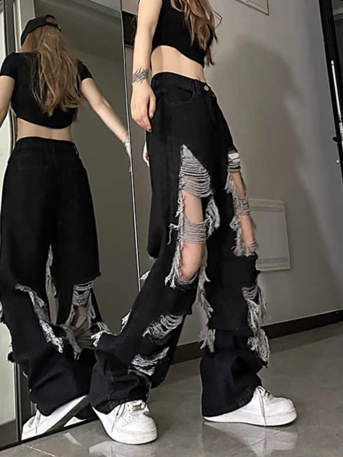 PLUS SIZE BLACK WASHED RIPPED JEANS WOMENS SUMMER HIGH WAIST BEGGAR PANTS LOOSE STRAIGHT LEG WIDE LEG MOP PANTS TIDE
