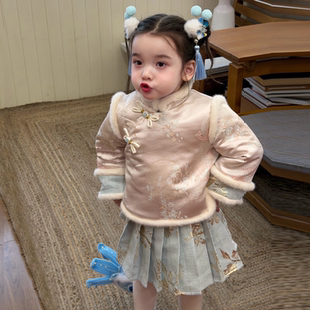 女宝宝夹棉盘扣外套加绒百褶裙 拜年服2025冬季 女童新年套装 新中式