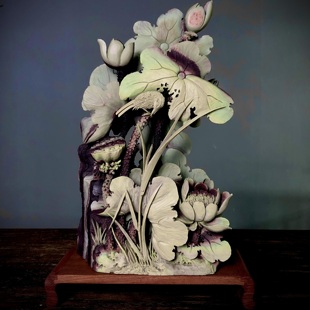 宗正堂贵州天然紫袍玉带石雕刻摆件大师工作品荷花雕件高端工艺品