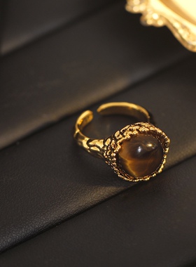 中古系列天然虎眼石开口戒小众设计高级时尚个性活口戒指