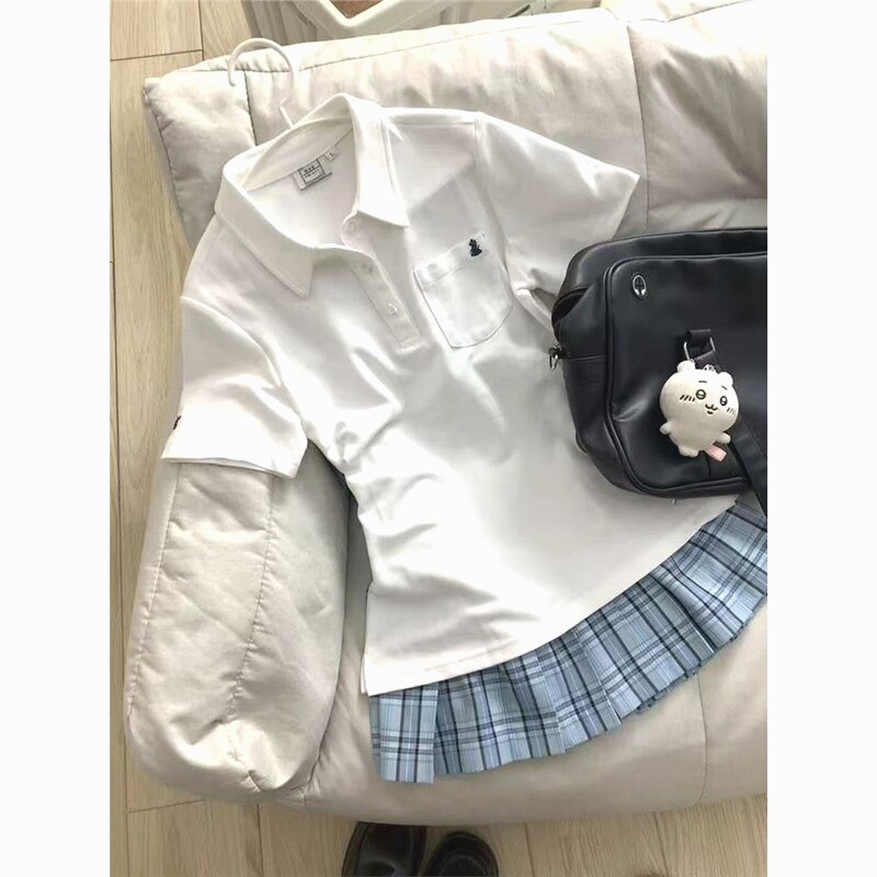 白色纯棉POLO衫领短袖t恤女POLO衫
