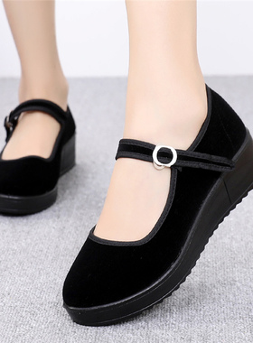 松糕厚底坡跟上班工作鞋女老北京布鞋女鞋软底防滑黑色酒店舞蹈鞋