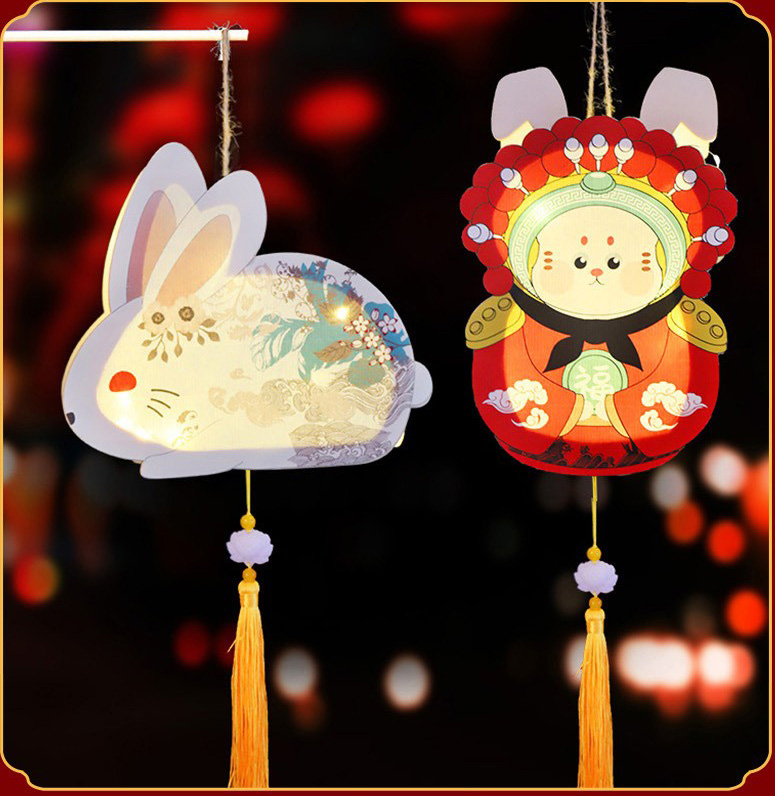 2024中秋兔子宫灯春节木质灯笼儿童手工diy材料包发光手提兔花灯