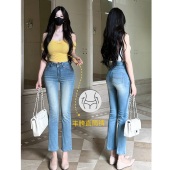 一辛原创～丰胯九分裤 高级刺绣直筒小个子微喇弹力直腿丰胯牛仔裤