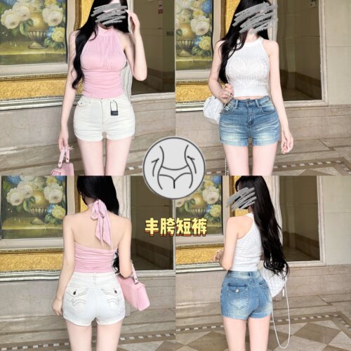 筷子腿丰胯短裤~褶皱感包臀修身显腿细中高腰夏季米白色牛仔短裤